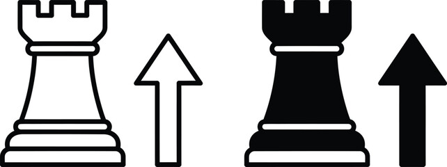 A black and white illustration of chess pieces with arrows pointing up © Shaikh
