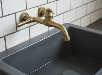 Brass faucet on modern stone sink with white subway tiles
