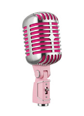 Fototapeta premium Pink retro metallic microphone isolated. Vintage audio broadcasting equipment.
