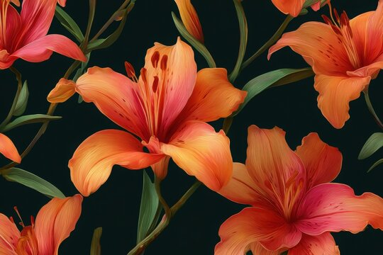 Elegant, chic, vintage seamless pattern featuring orange and redish lily flower in hand drawn style