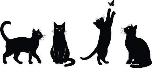 Black cat silhouettes collection, walking sitting standing feline poses, butterfly interaction design, animal vector illustration, minimalist artwork, graphic posture sequence, curiosity © ABU