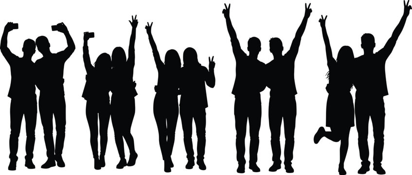 Group of diverse people silhouettes celebrating friendship, joy, unity, social gathering, peace signs, selfies, happiness, camaraderie, teamwork, lifestyle illustration
