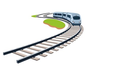 Fototapeta premium Modern High-Speed Train on Curved Tracks with Green Scenery Background Isolated