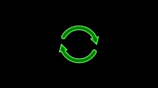 Glowing neon line refresh arrow icon on black background. Reload symbol, update, circle arrow, refresh, reload animation. 4k video.