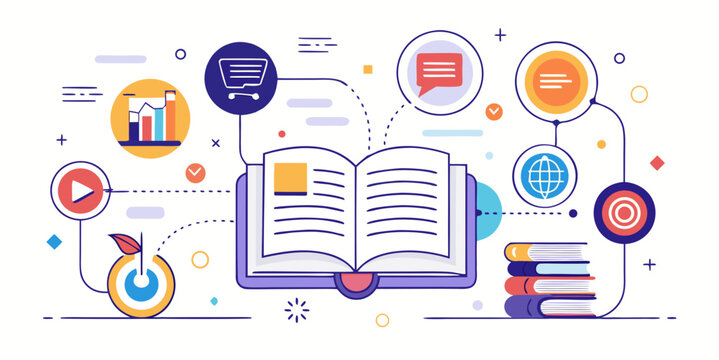 Open book with connected icons representing knowledge learning communication analytics and digital education illustration