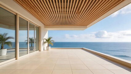 Fototapeta premium Modern Oceanfront Terrace with Wooden Ceiling