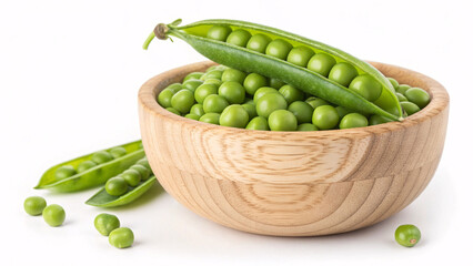 Fresh Green Peas in Wooden Bowl with Open Pea Pods &ndash; Organic Healthy Vegetable Food Photography