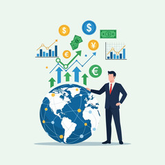 Naklejka premium Global finance growth: businessman, earth, money, charts, arrows, currencies, investment