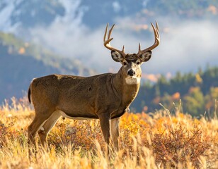 Obraz premium Majestic Whitetail Buck in Autumn Meadow, Captured in Stunning Outdoor Photography
