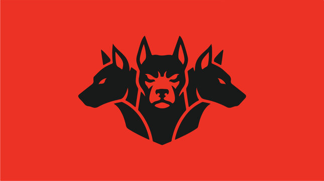 Illustration of a three-headed dog on a red background.