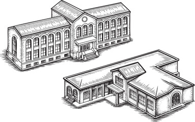 School building hand drawn style silhouette set isolated on transparent background