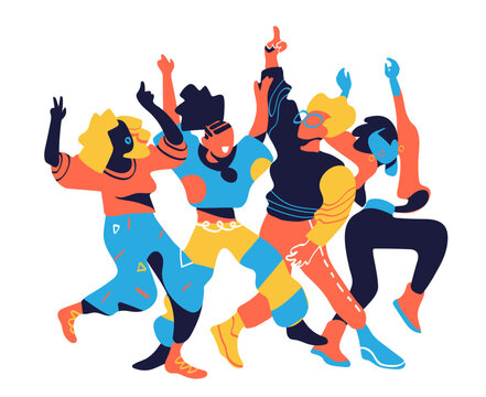 Four stylized figures in dynamic dance poses; bold contrasting colors. Geometric patterns on clothing; a light blue background that makes the colors pop.