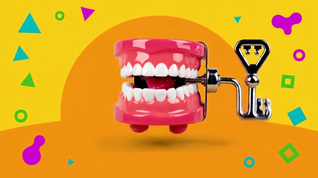 Wind-up chattering teeth toy on bright playful background