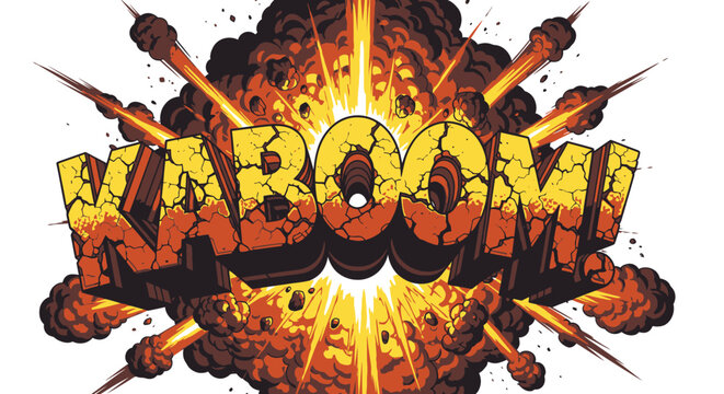 KABOOM! comic book explosion text with fire and smoke