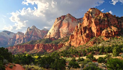 Majestic Zion National Park Landscape: Red Rock Mountains and Lush Greenery beneath Cloudy Skies