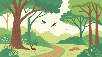 Serene forest landscape with deer and birds in natural scenery