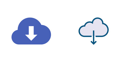 Obraz premium Two distinct cloud download icons, one solid blue and one outlined, isolated on transparent background