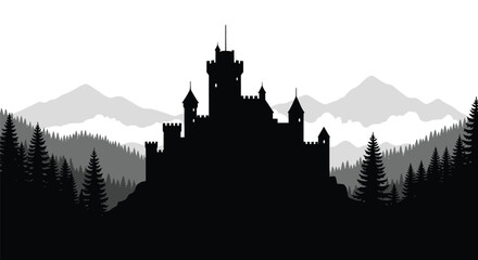 Dramatic castle landscape with mountains and trees a striking silhouette © MdMosharef