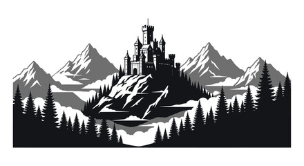 Dramatic castle landscape with mountain backdrop a striking silhouette © MdMosharef