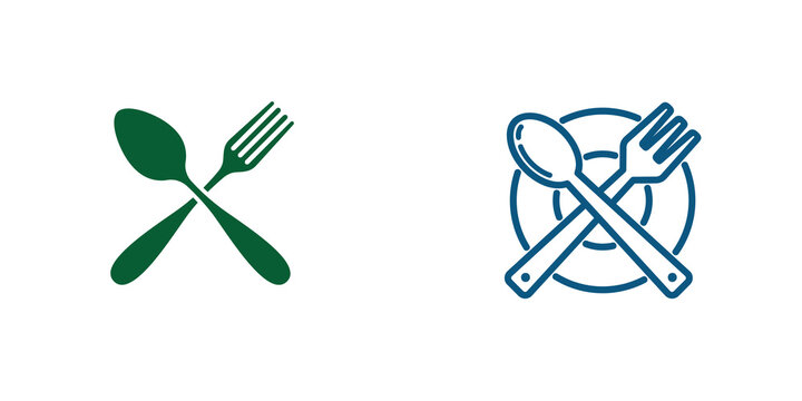 Green solid and blue outline crossed spoon and fork icons, isolated on transparent background
