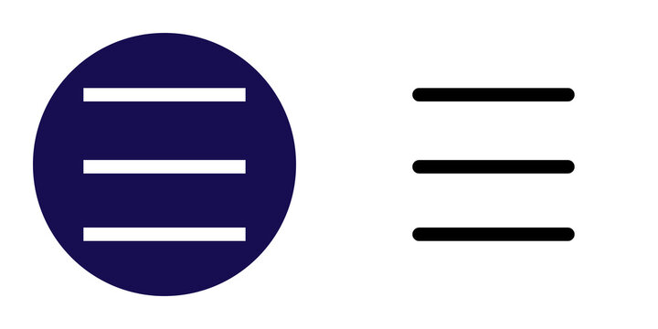 Hamburger menu icon for navigation, a dark blue circle with three white bars, isolated on transparent background