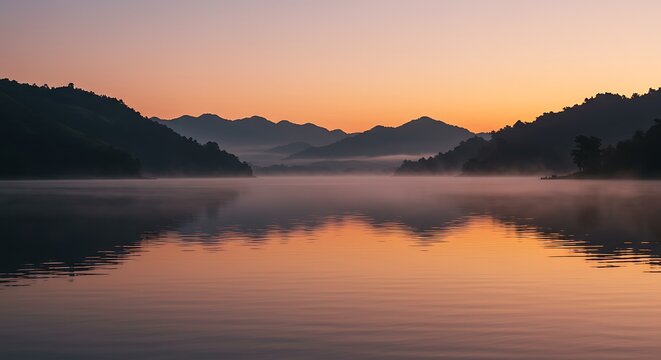 Serene lake landscape with mountains at dawn reflecting peaceful atmosphere