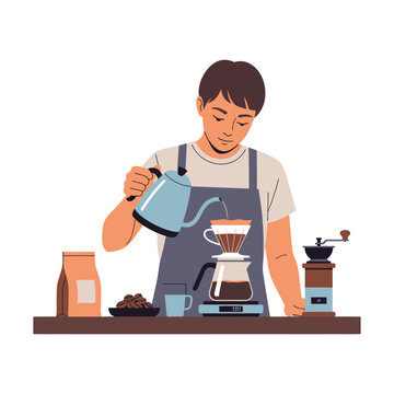 Barista making pour over coffee, brewing specialty coffee with coffee beans and grinder