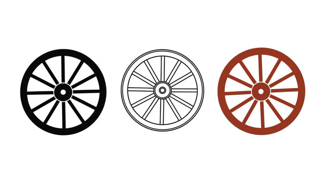 Three wagon wheels in varying styles a striking silhouette