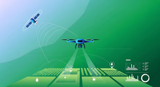A vector graphic illustration of a drone flying over a farm with a satellite in the sky, surrounded by various icons and graphics representing technology and data analysis.