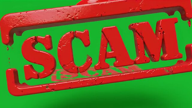 A glossy red stamp with the word "SCAM" is shown against a green backdrop