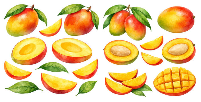 A charming watercolor collection of mango fruits with juicy slices, halves, and leaves for botanical fruit illustrations and tropical summer design.