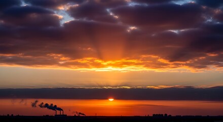 Obraz premium Vibrant sunset over industrial landscape with smokestacks