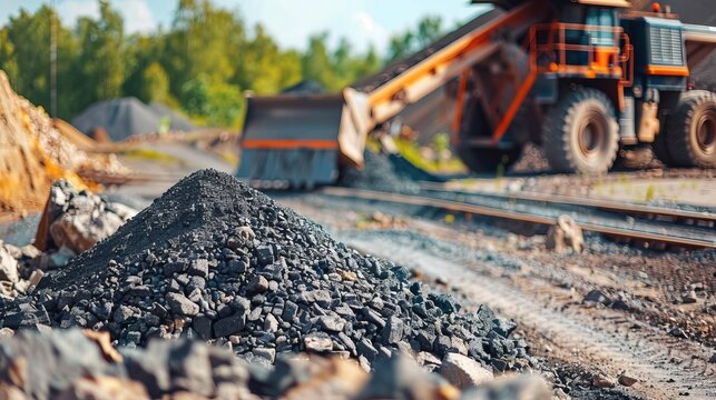 Stone crushing equipment in open pit mining  gravel piles and conveyor belts in action