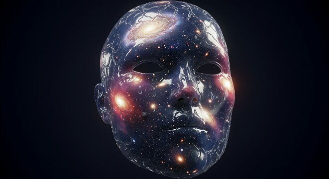 Cosmic face composite galaxy within a human form against dark background