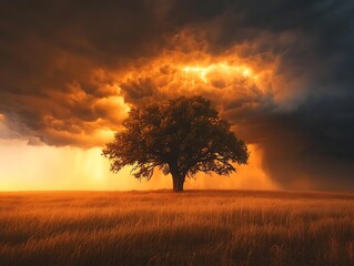 Fototapeta premium Dramatic landscape with a lone tree under a fiery sunset and brewing storm
