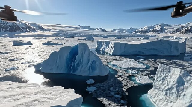 A vast, frozen landscape with towering icebergs floating in frigid, blue waters
