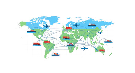 Fototapeta premium A vector graphic illustration of a world map with shipping routes and transportation icons