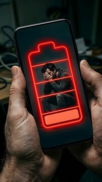 Close up of hands holding a smartphone displaying a low red battery icon with a distressed man inside symbolizing digital burnout and exhaustion