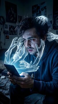 Distressed Man Overwhelmed by Digital Addiction Ghostly Hands Emerging from Smartphone Screen in Dark Room with Blue Light Illumination