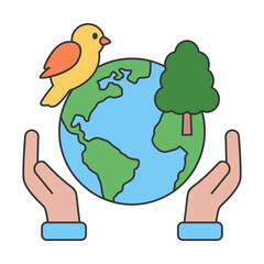 Biodiversity Protection Concept Hands Holding Earth With Bird And Tree Nature Conservation Symbol Icon