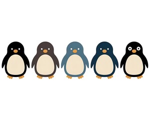 A group of cartoon penguins standing in a row on a white background
