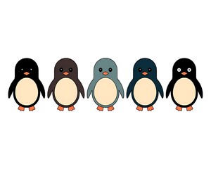 Fototapeta premium A group of cartoon penguins standing in a row on a white background