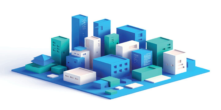Isometric 3d render of a modern urban city skyline featuring a vector set of skyscraper buildings and business architecture structures in a structured toy block map design