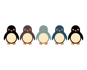 Naklejka premium A group of colorful cartoon penguins standing in a row on a white background