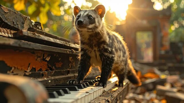 A curious civet cat explores an old piano in the sunlight.