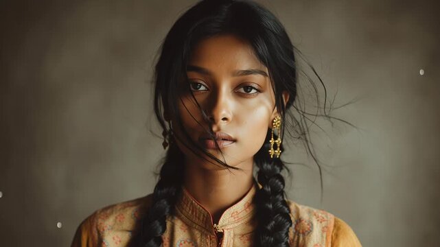 Indian woman portrait representing culture and identity, timeless expression, simple traditional elements, modern minimal styling, soft tonal background, high-end, Young woman gazes softly, her braids