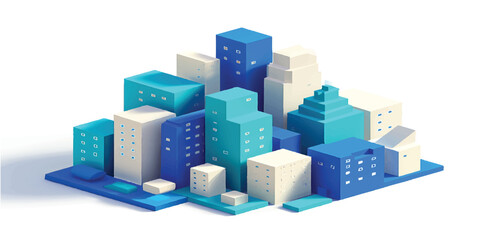 Fototapeta premium A colorful 3d render of a modern city designed as a fun puzzle of toy blocks and plastic construction cubes representing business buildings and houses