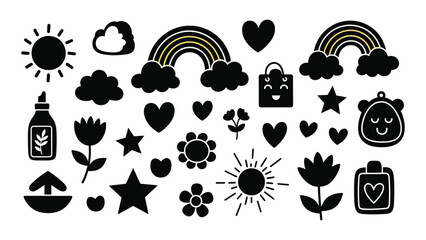A collection of cute black icons on a white background