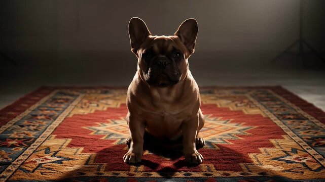 A seated French Bulldog rests on a patterned carpet with dramatic lighting