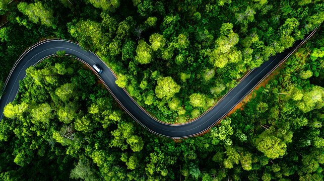 Aerial View of a Winding Road through a Dense Green Forest. Concept of Journey, Adventure, and Natures Beauty. Aerial drone shot shows a curved highway.
